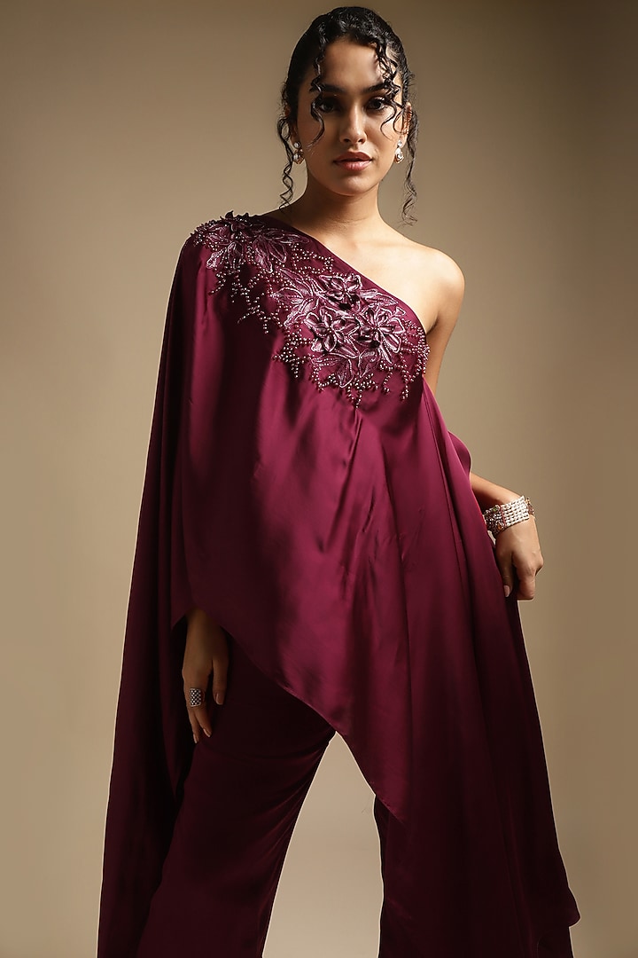 Wine Italian Satin Embroidered Co-Ord Set by Sakshi Khetterpal at Pernia's Pop Up Shop
