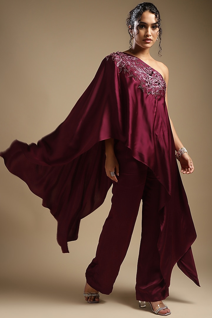Wine Italian Satin Embroidered Co-Ord Set by Sakshi Khetterpal at Pernia's Pop Up Shop