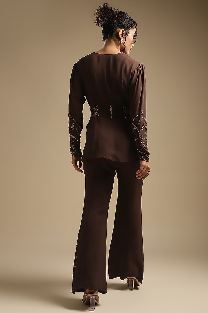 Cocoa Brown Georgette Embroidered Co-Ord Set by Sakshi Khetterpal at Pernia's Pop Up Shop
