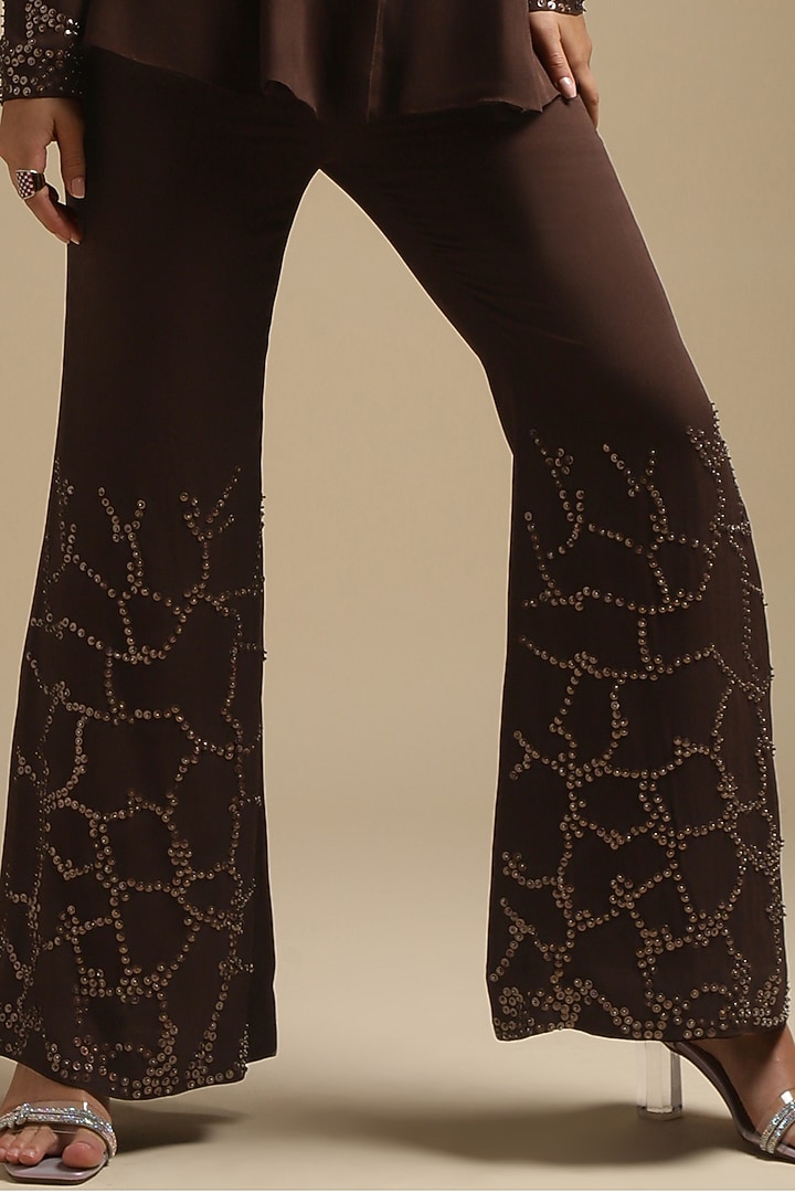 Cocoa Brown Georgette Embroidered Co-Ord Set by Sakshi Khetterpal at Pernia's Pop Up Shop
