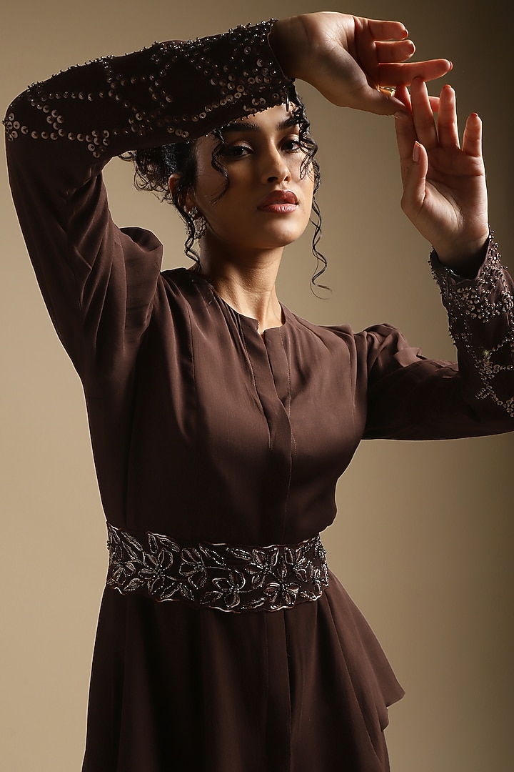 Cocoa Brown Georgette Embroidered Co-Ord Set by Sakshi Khetterpal at Pernia's Pop Up Shop