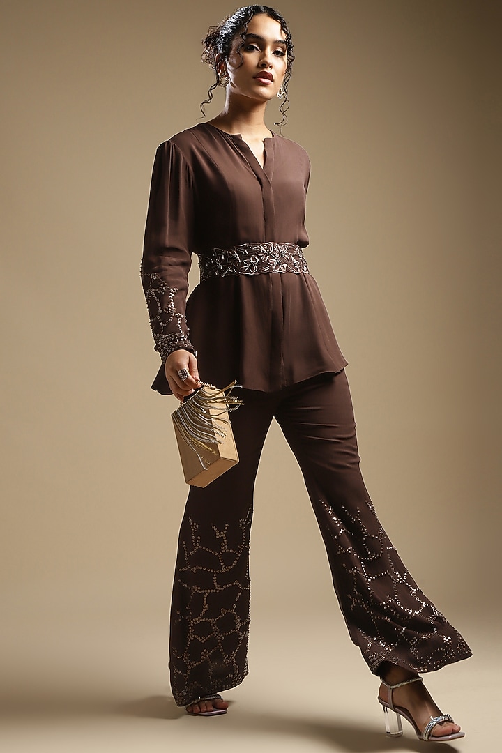 Cocoa Brown Georgette Embroidered Co-Ord Set by Sakshi Khetterpal at Pernia's Pop Up Shop