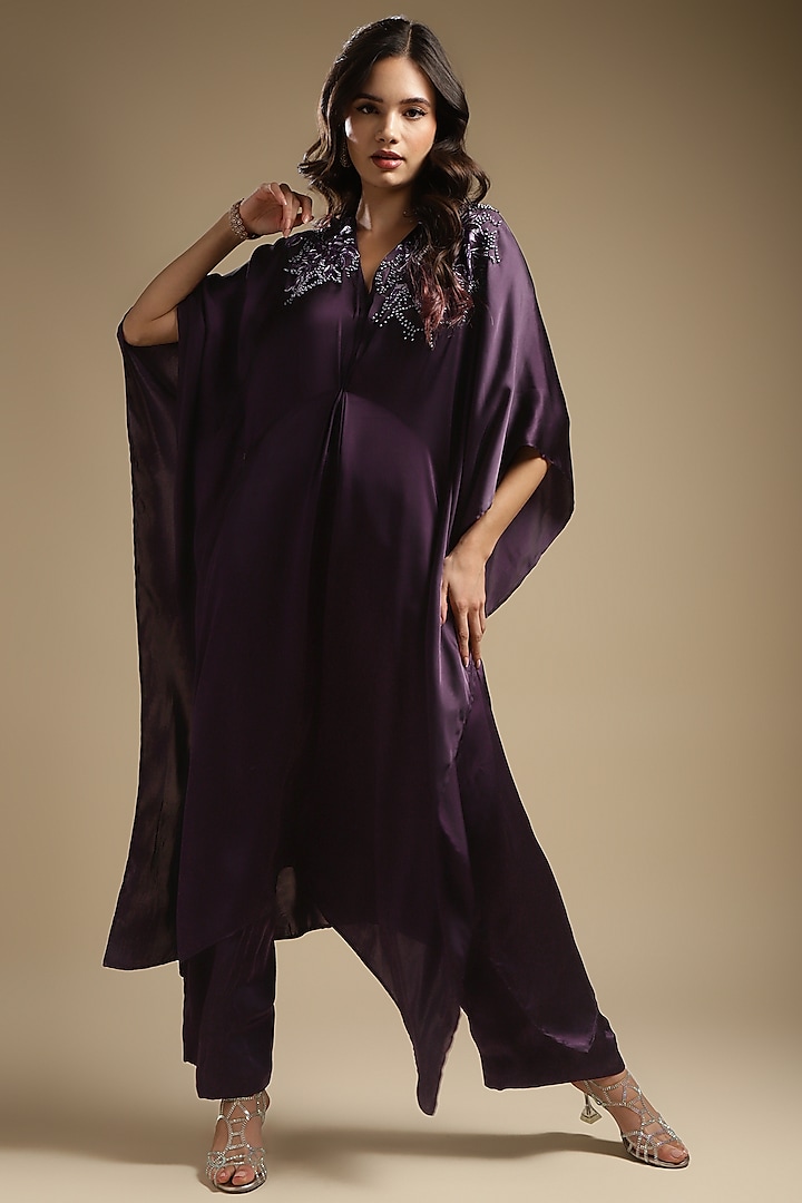 Gothic Purple Italian Satin Embroidered Co-Ord Set by Sakshi Khetterpal