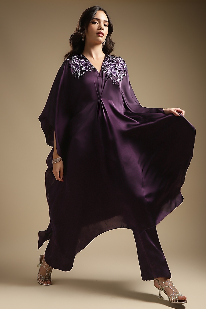 Gothic Purple Italian Satin Embroidered Co-Ord Set by Sakshi Khetterpal at Pernia's Pop Up Shop