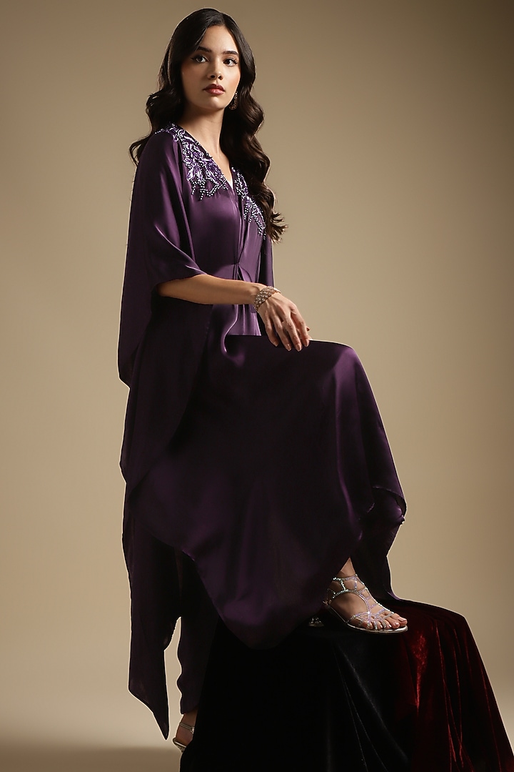 Gothic Purple Italian Satin Embroidered Co-Ord Set by Sakshi Khetterpal at Pernia's Pop Up Shop