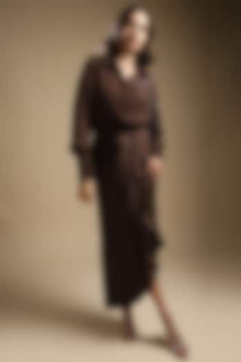 Cocoa Brown Italian Satin Draped Skirt Set by Sakshi Khetterpal