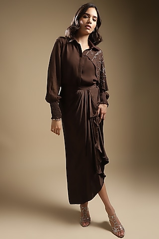Cocoa Brown Italian Satin Draped Skirt Set by Sakshi Khetterpal