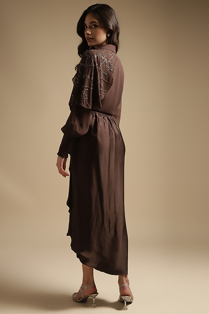 Cocoa Brown Italian Satin Draped Skirt Set by Sakshi Khetterpal at Pernia's Pop Up Shop