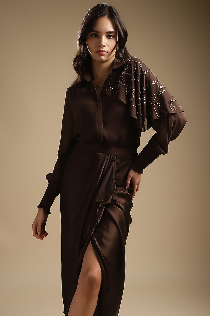 Cocoa Brown Italian Satin Draped Skirt Set by Sakshi Khetterpal at Pernia's Pop Up Shop