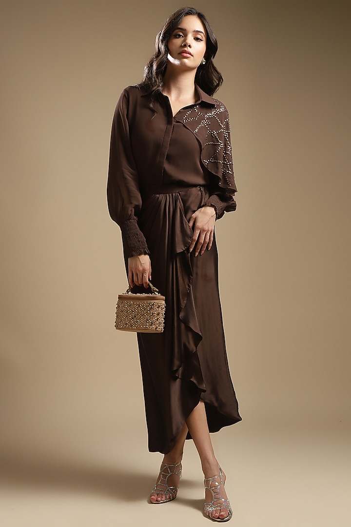 Cocoa Brown Italian Satin Draped Skirt Set by Sakshi Khetterpal at Pernia's Pop Up Shop