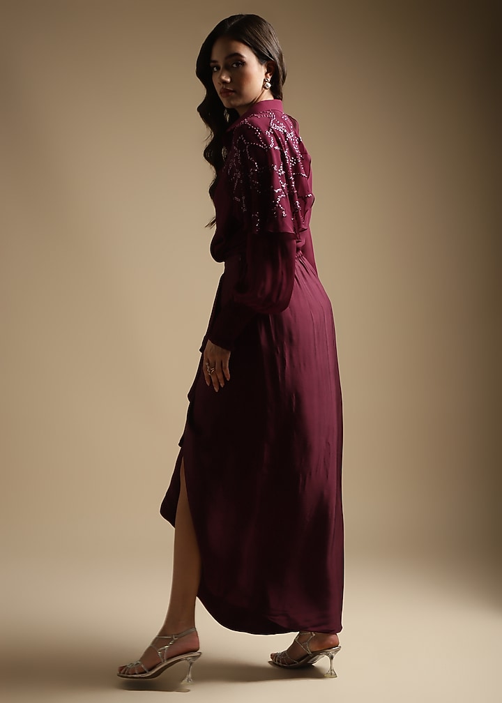 Wine Italian Satin Draped Skirt Set by Sakshi Khetterpal at Pernia's Pop Up Shop