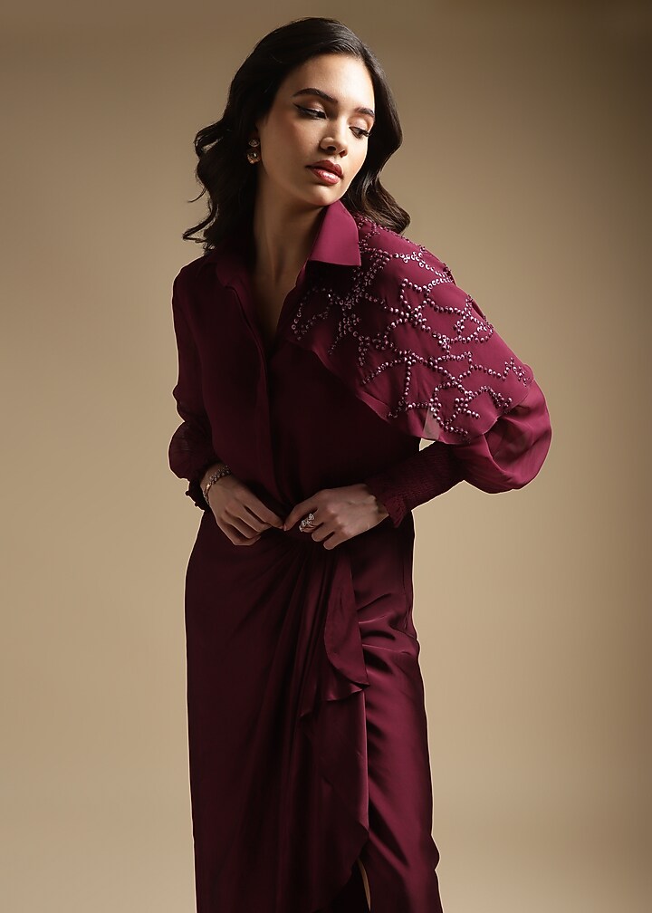 Wine Italian Satin Draped Skirt Set by Sakshi Khetterpal at Pernia's Pop Up Shop