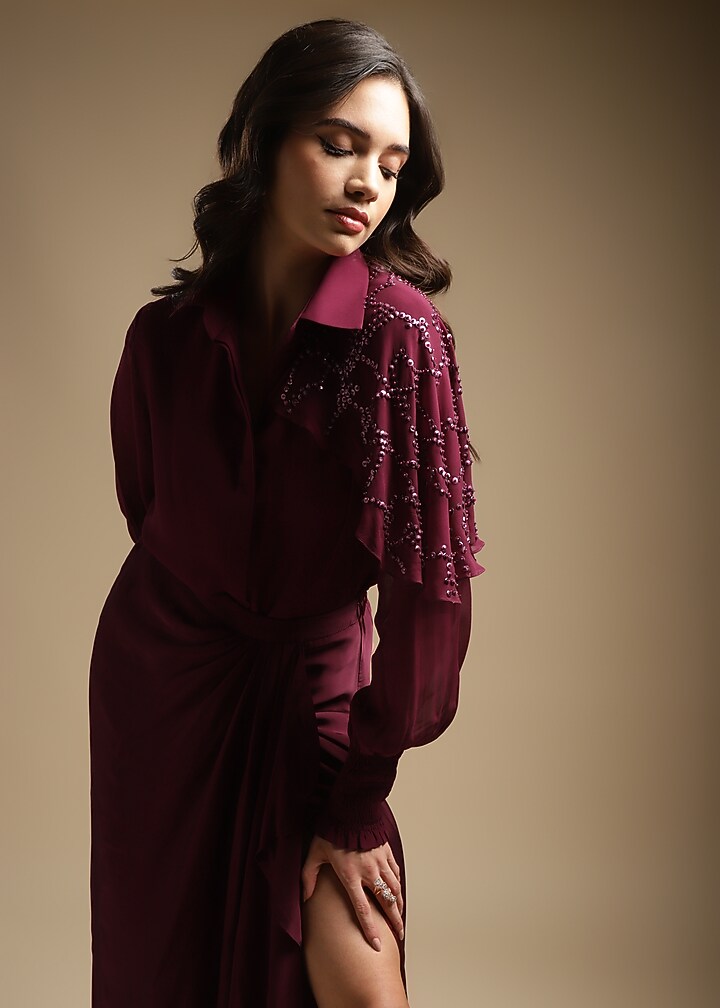 Wine Italian Satin Draped Skirt Set by Sakshi Khetterpal at Pernia's Pop Up Shop