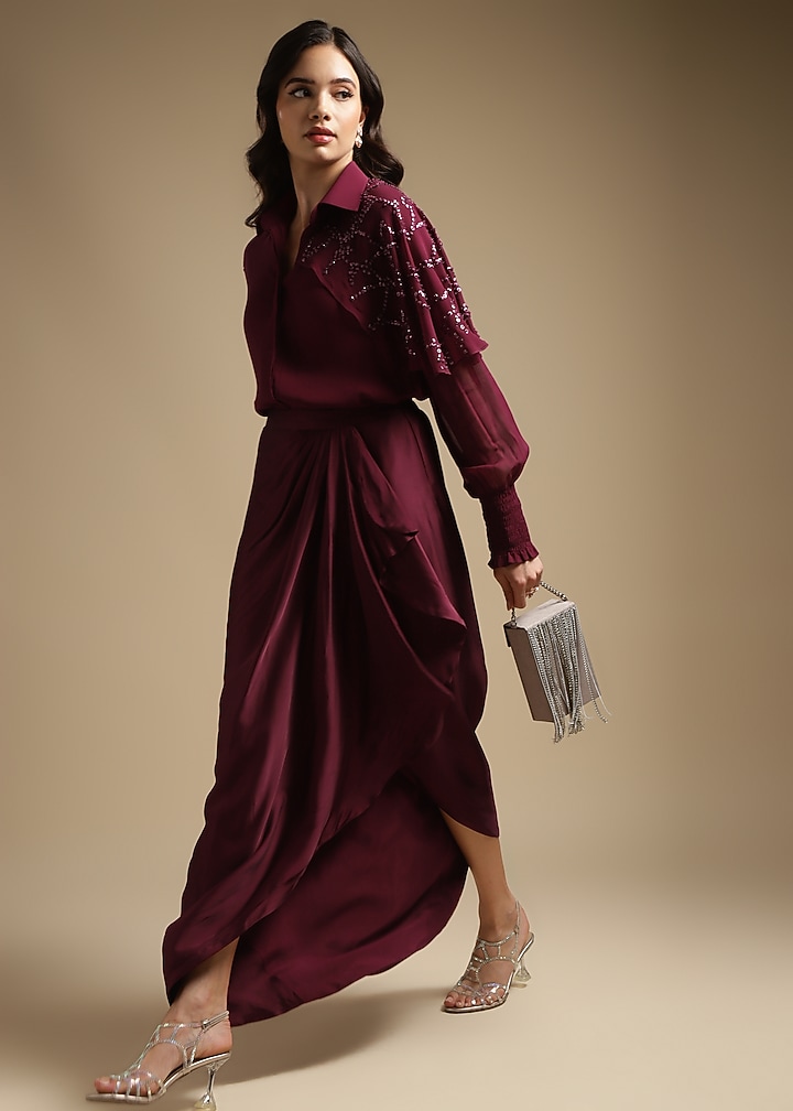 Wine Italian Satin Draped Skirt Set by Sakshi Khetterpal at Pernia's Pop Up Shop