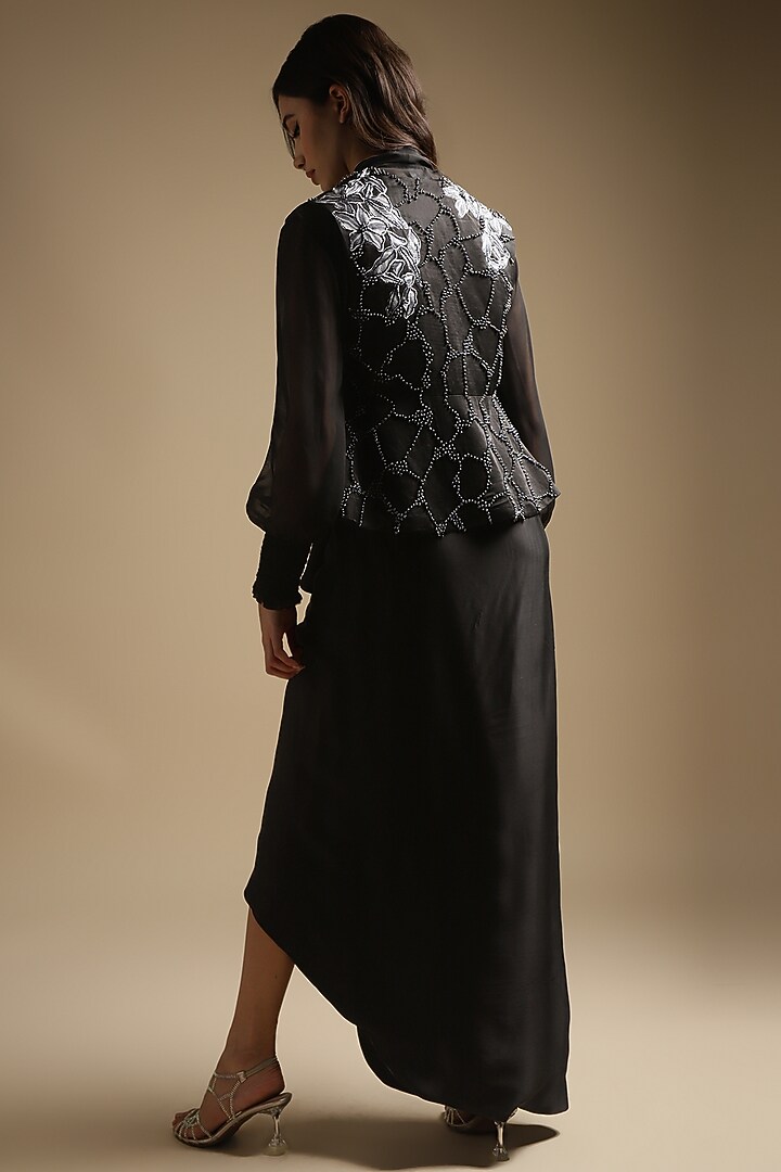 Charcoal Satin Linen Embroidered Peplum Jacket Set by Sakshi Khetterpal at Pernia's Pop Up Shop