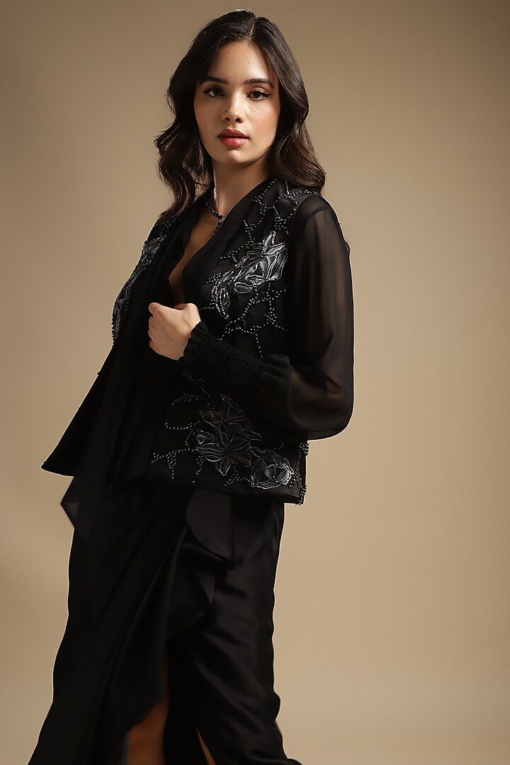 Charcoal Satin Linen Embroidered Peplum Jacket Set by Sakshi Khetterpal at Pernia's Pop Up Shop