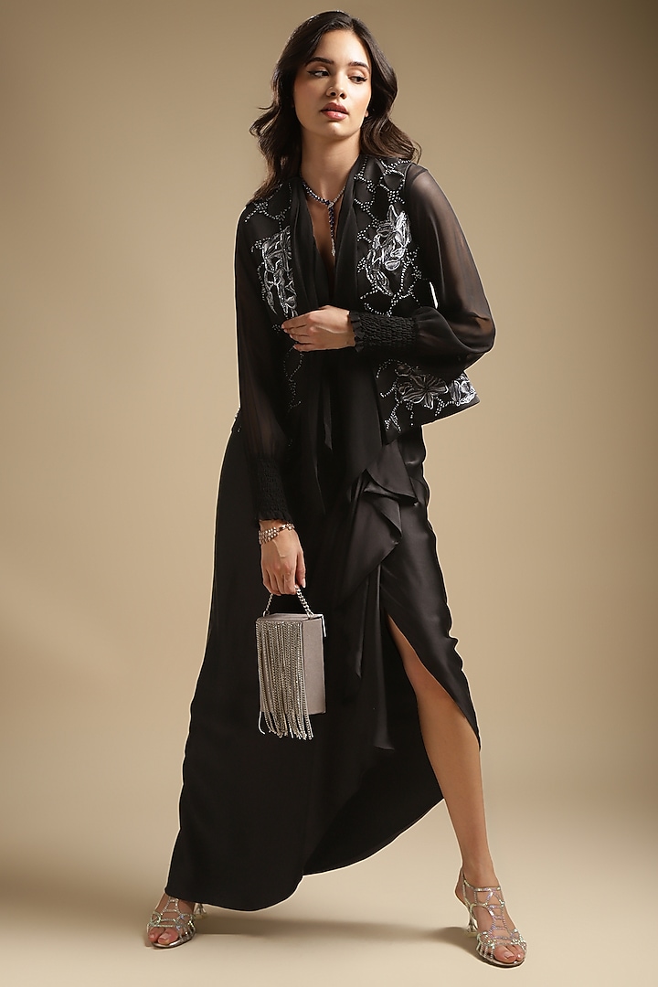 Charcoal Satin Linen Embroidered Peplum Jacket Set by Sakshi Khetterpal at Pernia's Pop Up Shop