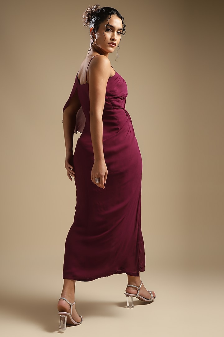Wine Georgette Embroidered One-Shoulder Draped Vacation Dress by Sakshi Khetterpal at Pernia's Pop Up Shop