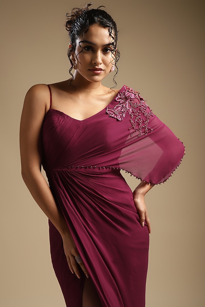 Wine Georgette Embroidered One-Shoulder Draped Vacation Dress by Sakshi Khetterpal at Pernia's Pop Up Shop