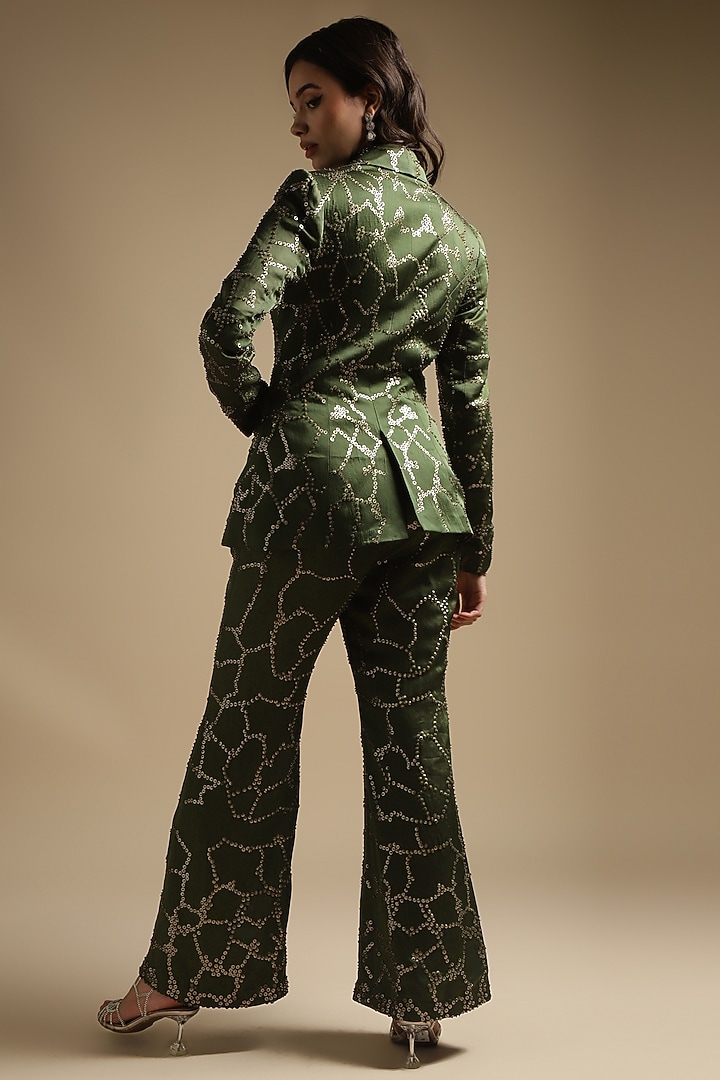 Olive Green Satin Linen Hand Embroidered Double Breasted Blazer Set by Sakshi Khetterpal at Pernia's Pop Up Shop