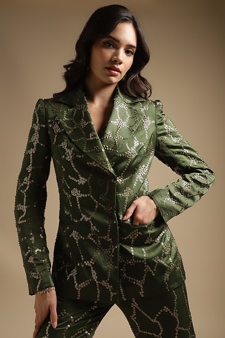 Olive Green Satin Linen Hand Embroidered Double Breasted Blazer Set by Sakshi Khetterpal at Pernia's Pop Up Shop