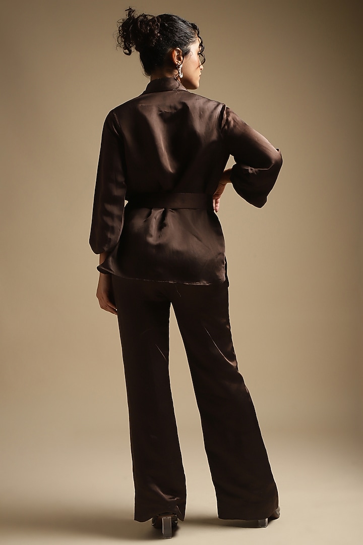 Cocoa Brown Satin Linen Embroidered Double Breasted Blazer Set by Sakshi Khetterpal at Pernia's Pop Up Shop