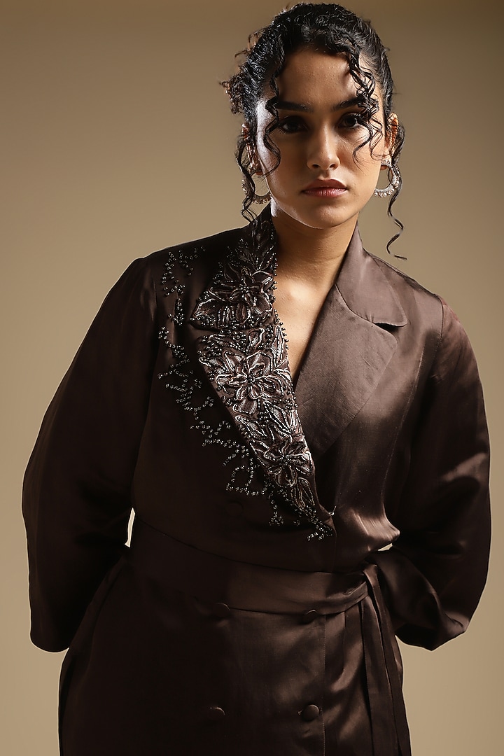 Cocoa Brown Satin Linen Embroidered Double Breasted Blazer Set by Sakshi Khetterpal at Pernia's Pop Up Shop