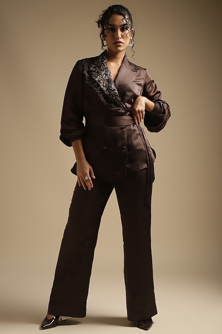Cocoa Brown Satin Linen Embroidered Double Breasted Blazer Set by Sakshi Khetterpal at Pernia's Pop Up Shop
