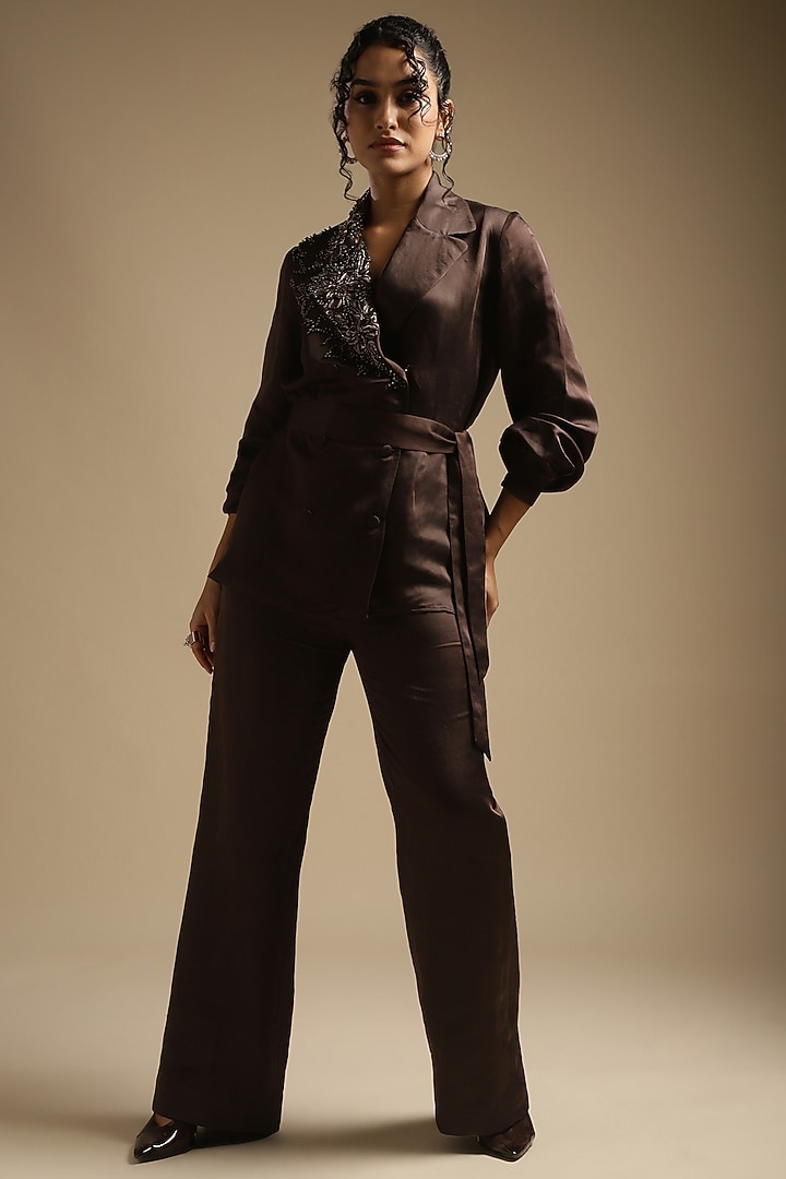 Cocoa Brown Satin Linen Embroidered Double Breasted Blazer Set by Sakshi Khetterpal at Pernia's Pop Up Shop