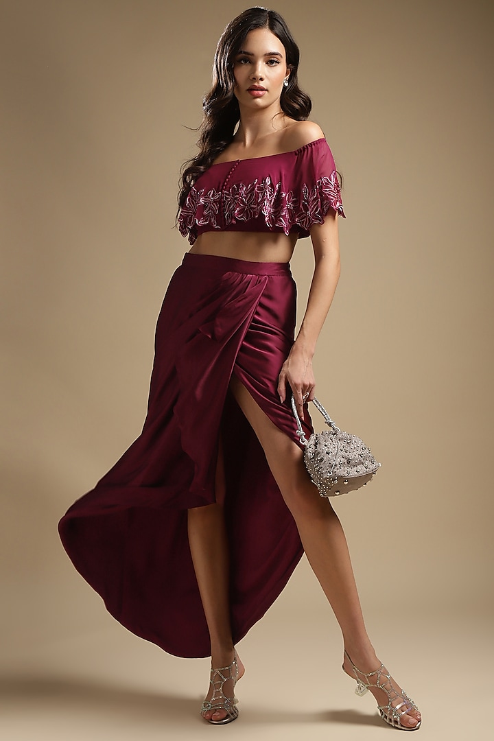 Wine Italian Satin Draped Skirt Set by Sakshi Khetterpal