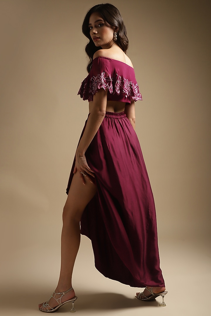 Wine Italian Satin Draped Skirt Set by Sakshi Khetterpal at Pernia's Pop Up Shop