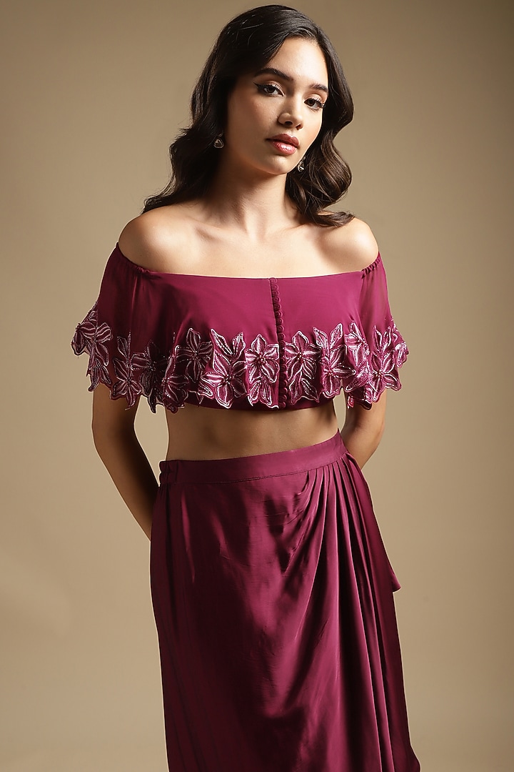 Wine Italian Satin Draped Skirt Set by Sakshi Khetterpal at Pernia's Pop Up Shop