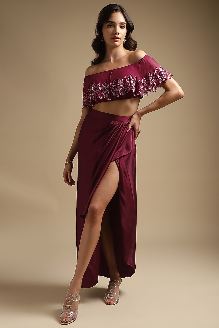 Wine Italian Satin Draped Skirt Set by Sakshi Khetterpal at Pernia's Pop Up Shop