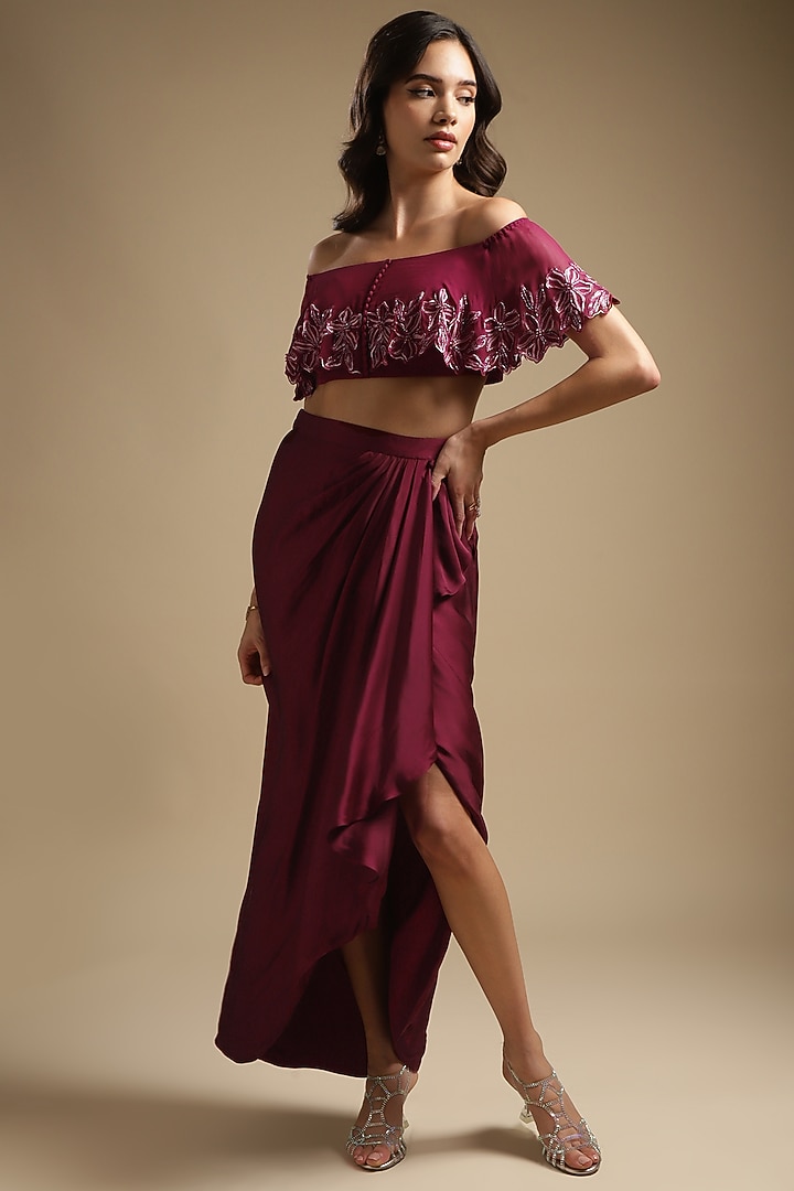 Wine Italian Satin Draped Skirt Set by Sakshi Khetterpal at Pernia's Pop Up Shop