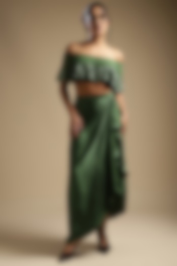 Olive Green Italian Satin Draped Skirt Set by Sakshi Khetterpal