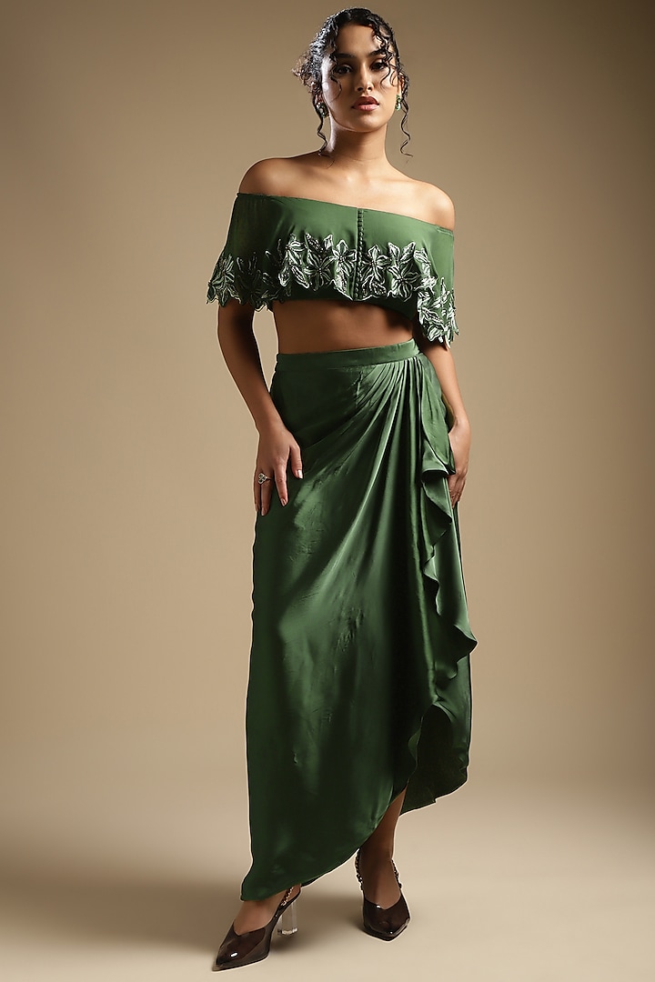 Olive Green Italian Satin Draped Skirt Set by Sakshi Khetterpal