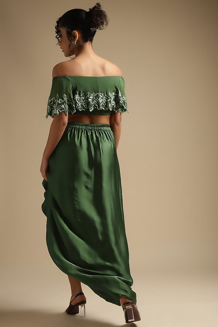 Olive Green Italian Satin Draped Skirt Set by Sakshi Khetterpal at Pernia's Pop Up Shop