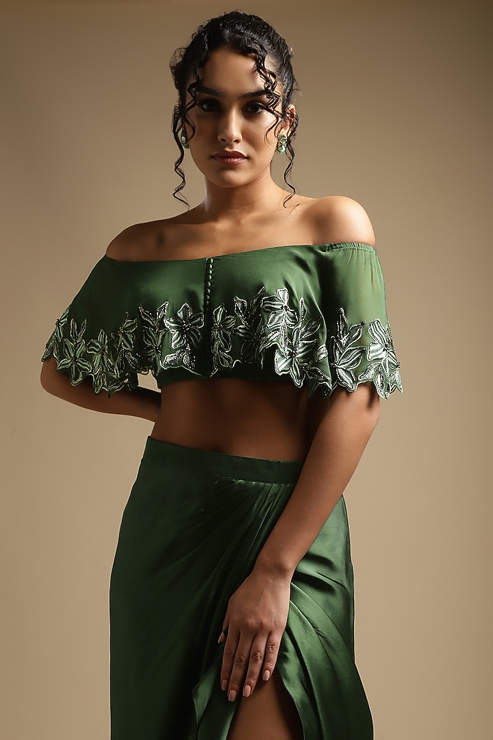 Olive Green Italian Satin Draped Skirt Set by Sakshi Khetterpal at Pernia's Pop Up Shop