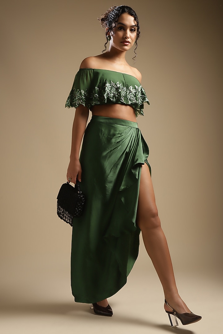 Olive Green Italian Satin Draped Skirt Set by Sakshi Khetterpal at Pernia's Pop Up Shop