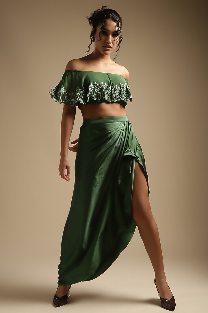 Olive Green Italian Satin Draped Skirt Set by Sakshi Khetterpal at Pernia's Pop Up Shop
