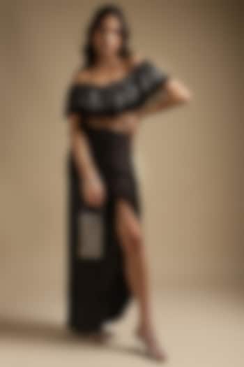 Charcoal Italian Satin Draped Skirt Set by Sakshi Khetterpal