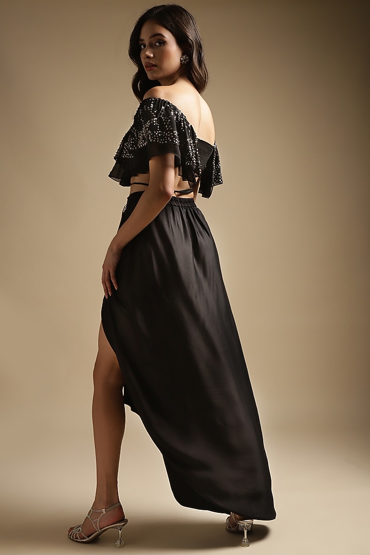 Charcoal Italian Satin Draped Skirt Set by Sakshi Khetterpal at Pernia's Pop Up Shop