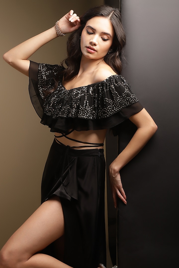 Charcoal Italian Satin Draped Skirt Set by Sakshi Khetterpal at Pernia's Pop Up Shop