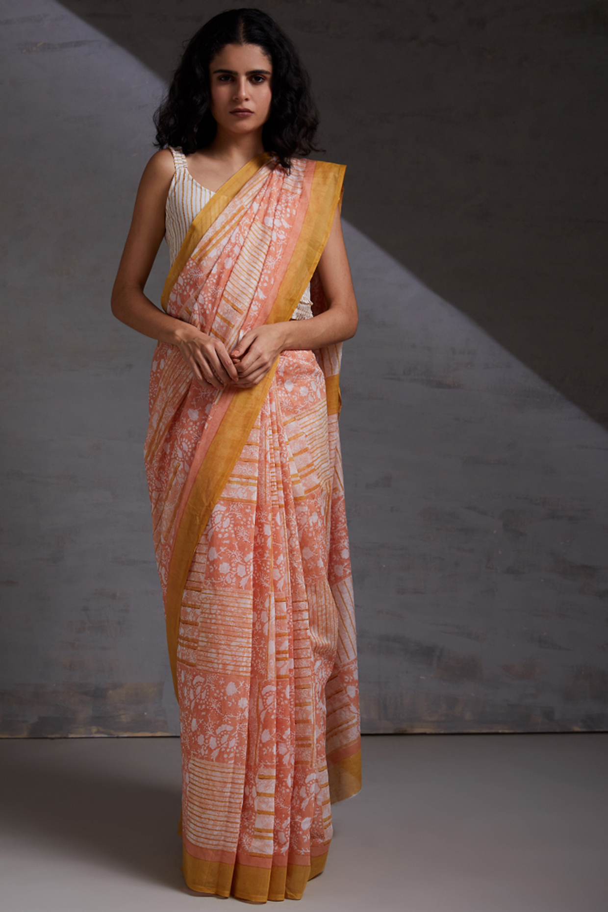 Peach Block Printed Festive Saree by Shikha Malik at Pernia's Pop Up Shop