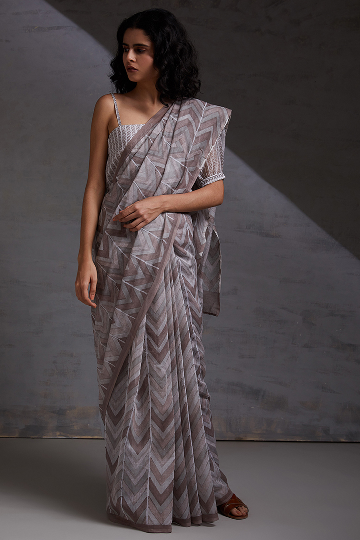 Grey Block Printed Saree by Shikha Malik