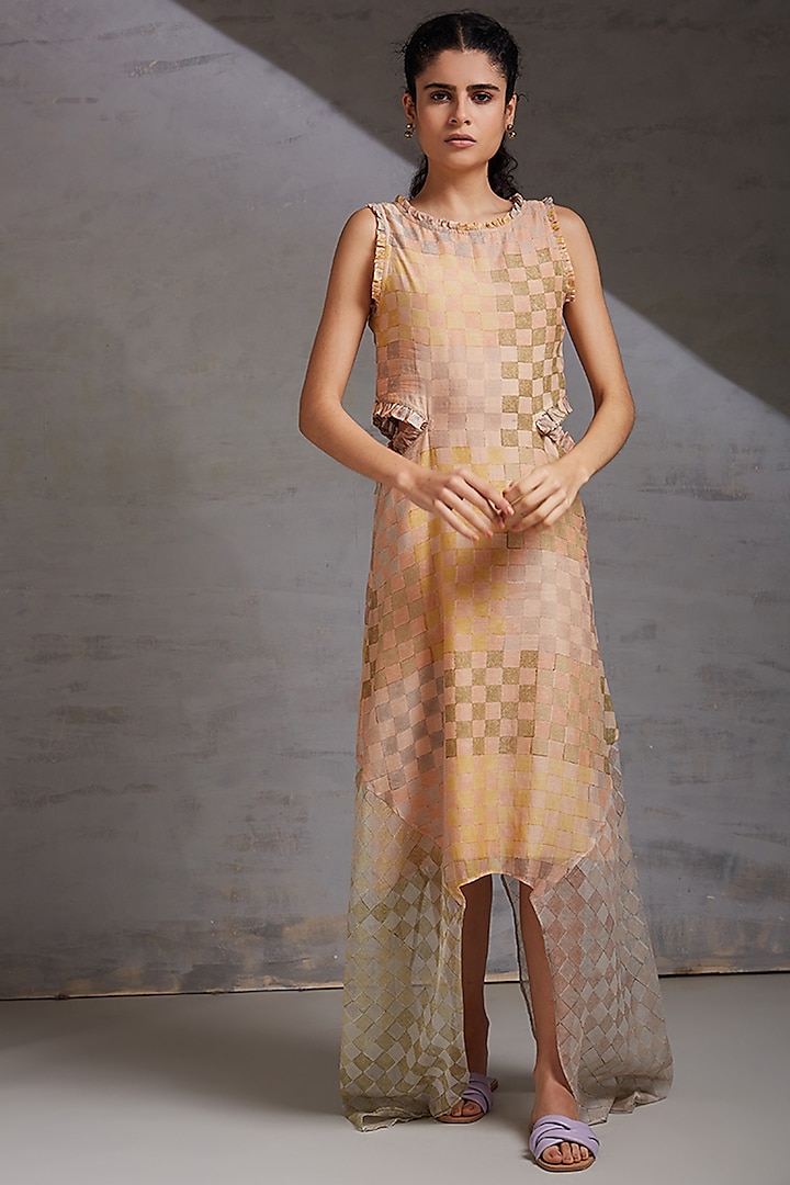 Pastel Peach Block Printed Asymmetrical Dress by Shikha Malik