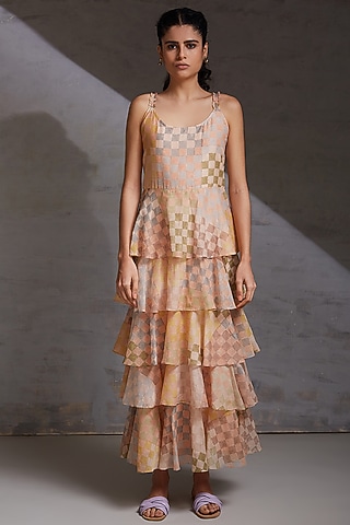 Peach Block Printed Tiered Dress by Shikha Malik