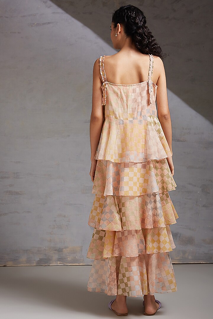 Peach Block Printed Tiered Summer Dress by Shikha Malik at Pernia's Pop Up Shop