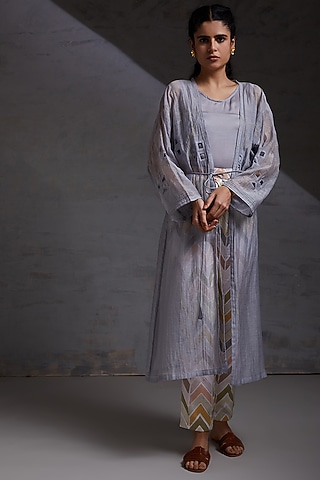 Grey Hand Embroidered Oversized Jacket Set by Shikha Malik