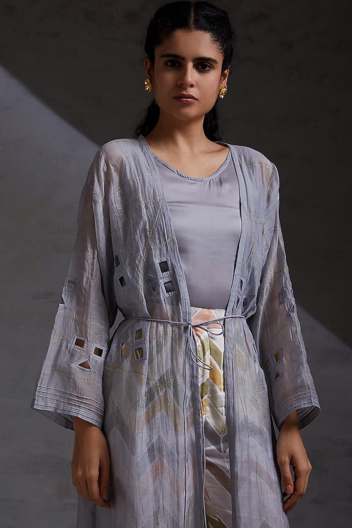 Grey Hand Embroidered Oversized Jacket Set by Shikha Malik at Pernia's Pop Up Shop
